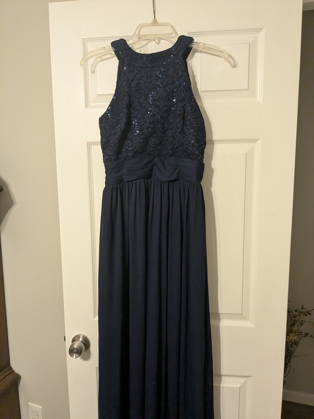 David's Bridal Navy Sequin Lace Halter Gown